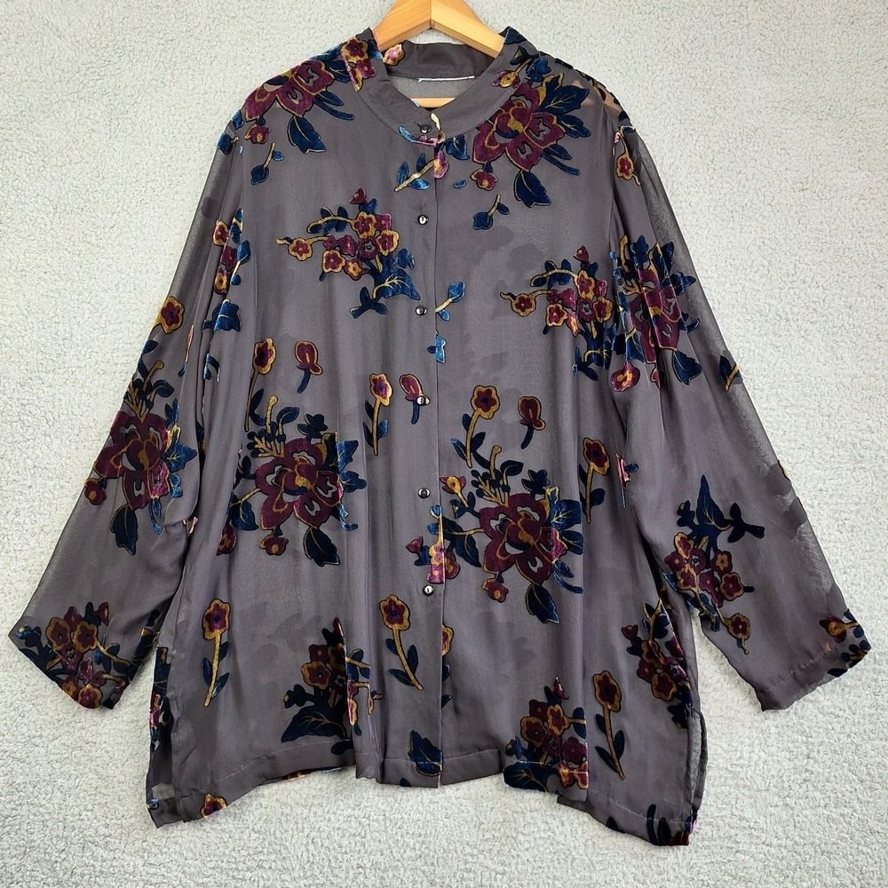 Womens Top 3X Black Burnout Velvet Floral Mesh Tunic Boho Whimisgoth Dark Fairy